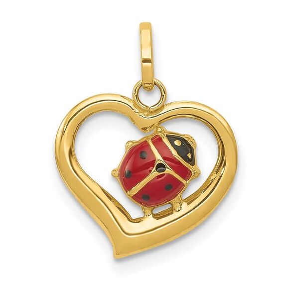 14k Yellow Gold Open Heart Enameled Ladybug Pendant, 14mm - Picture 1 of 5